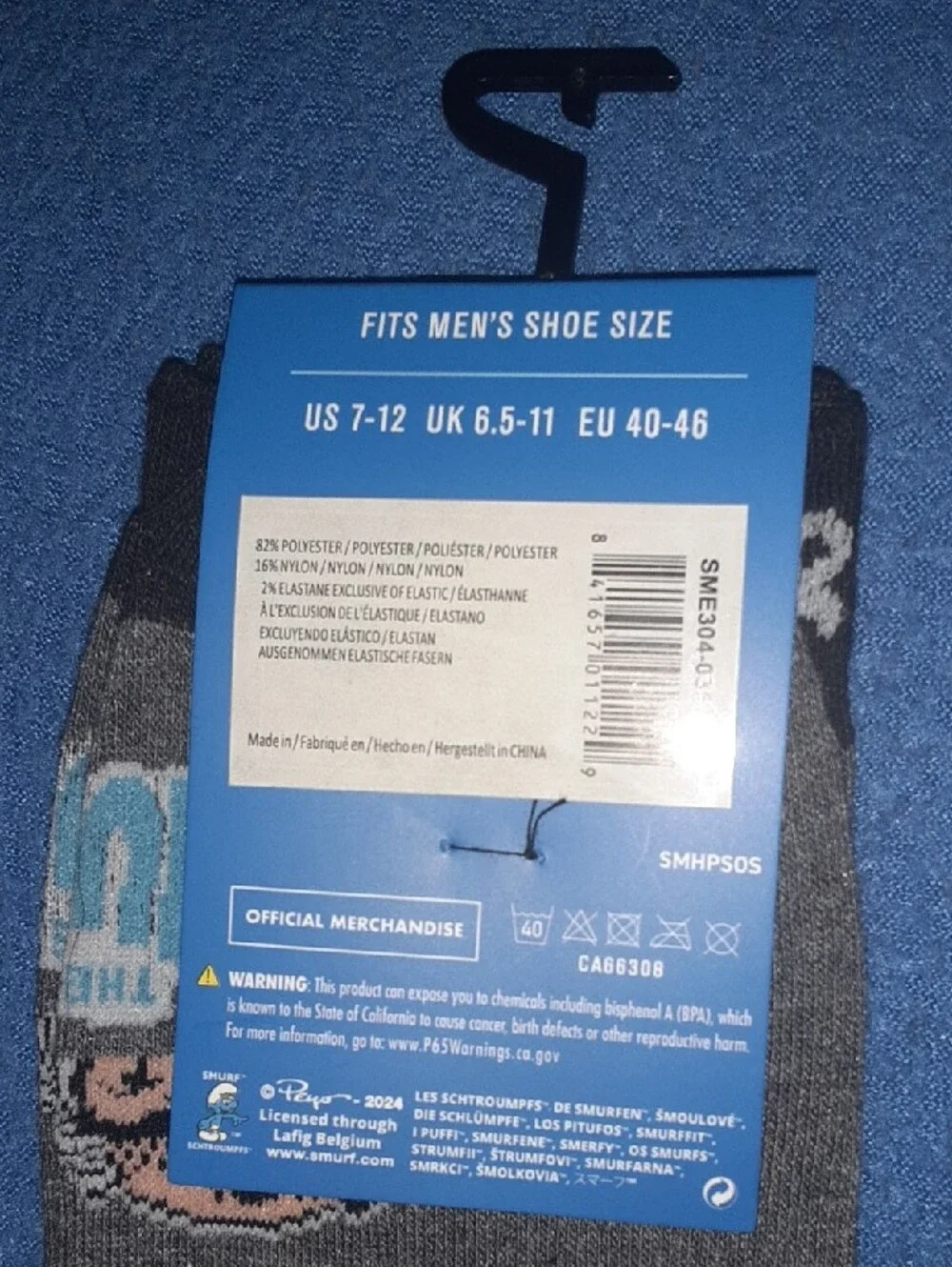 The Smurfs Men's Gray Crew Socks with Red & Blue Character Motif